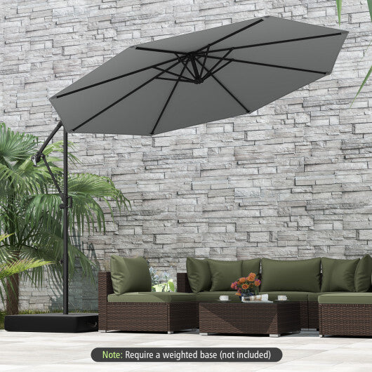 10 Feet Offset Hanging Umbrella with Base and Infinite Tilt-Gray - Color: Gray