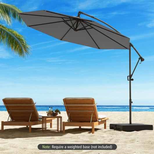 10 Feet Offset Hanging Umbrella with Base and Infinite Tilt-Gray - Color: Gray