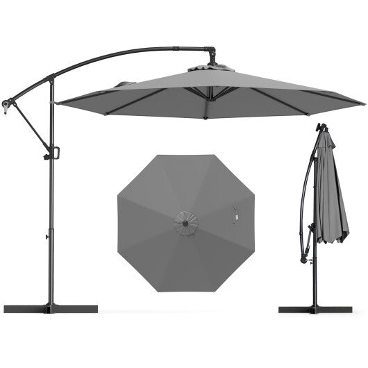 10 Feet Offset Hanging Umbrella with Base and Infinite Tilt-Gray - Color: Gray