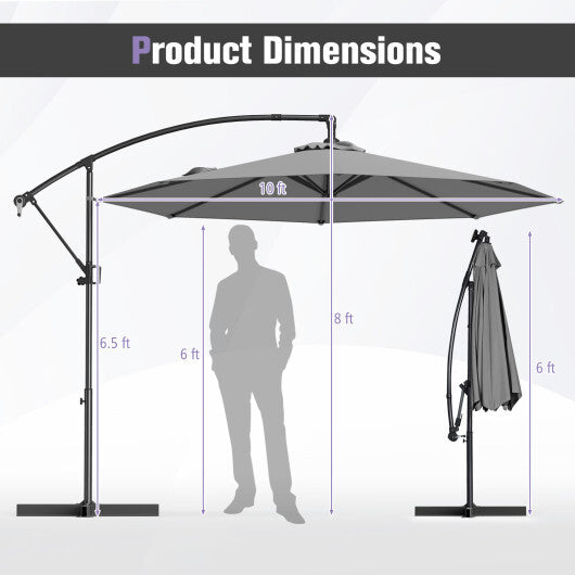 10 Feet Offset Hanging Umbrella with Base and Infinite Tilt-Gray - Color: Gray