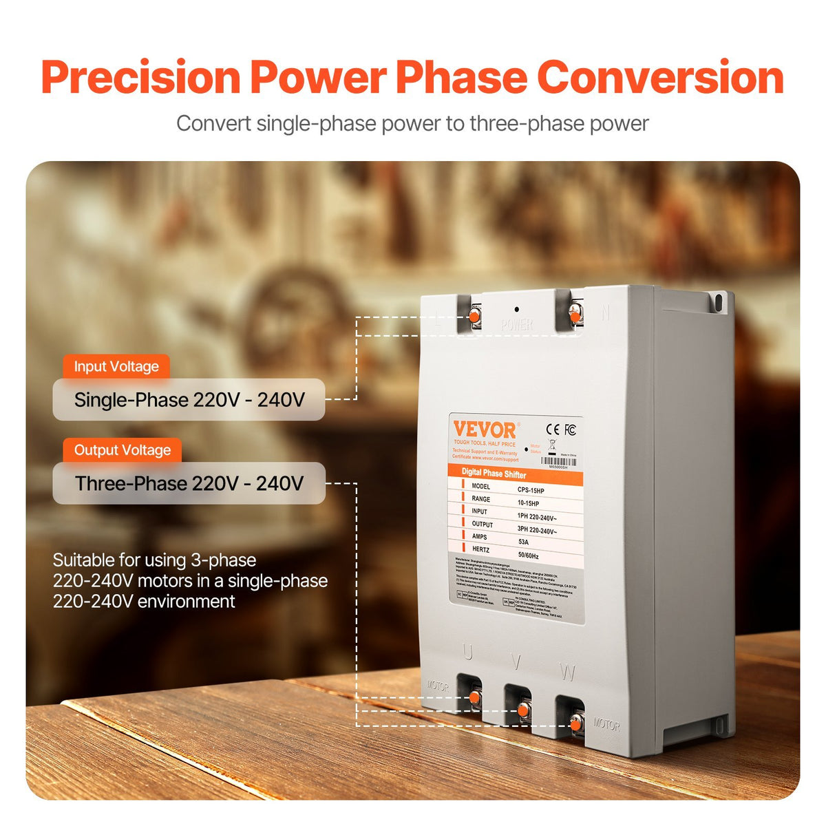 3 Phase Converter - 15HP 53A 220V Single Phase to 3 Phase Converter, 220V Input/Output, Digital Phase Shifter for Residential & Light Commercial Use (One Converter for One Motor Only)